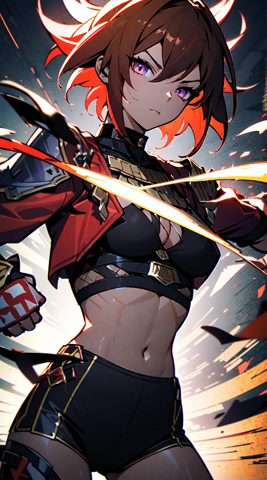 Ultra definition, masterpiece, best quality, 1Girl, Experienced fighter, dark red short hair, yellow eyes, light brown skin, wearing jacket and light armor red and black metallic Like kuki shinobu outfit, combat stance, fists with black and purple blazes, sharp ocular posture, waist line.
