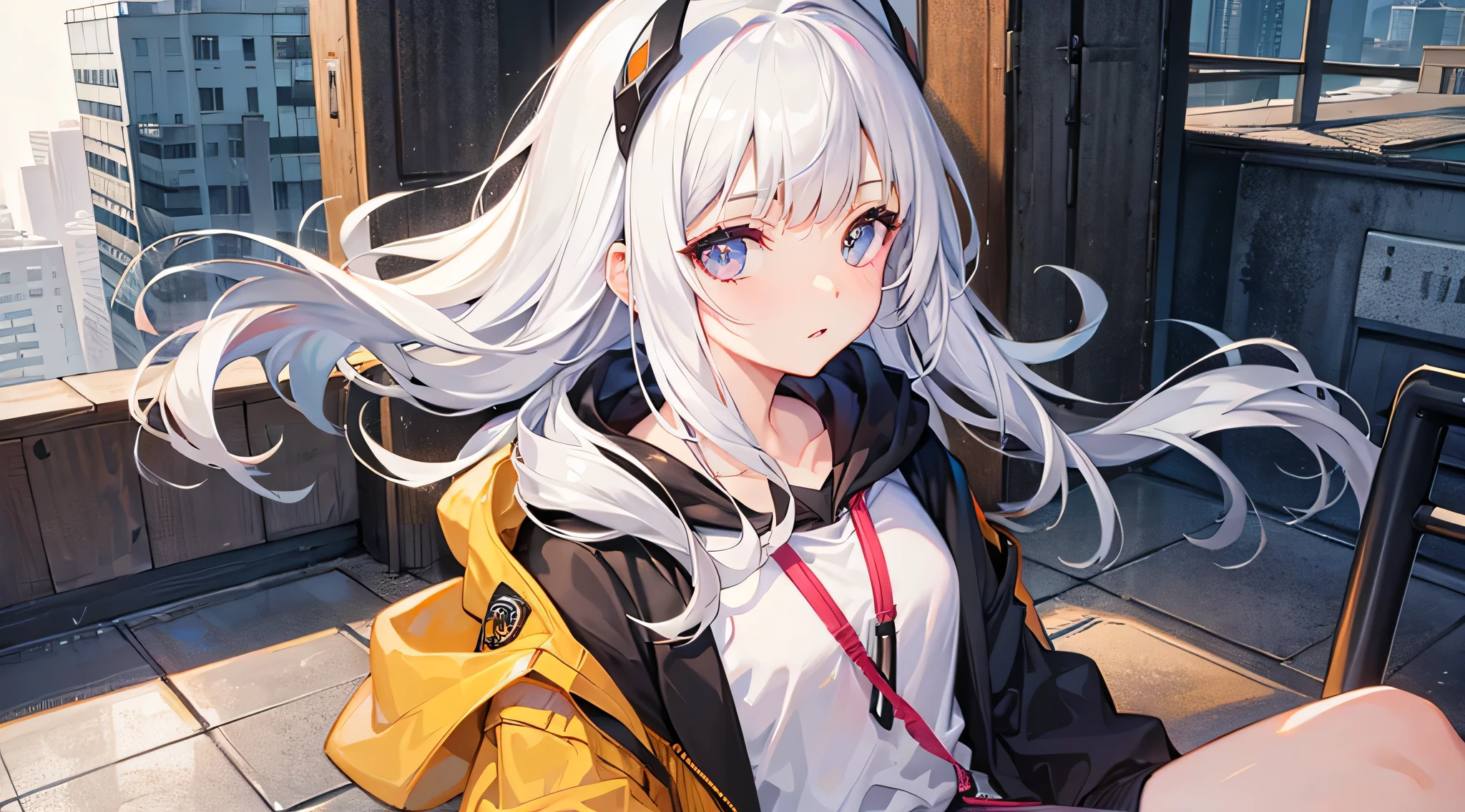 top-quality、Super delicate face、Crisp face、Sit on the edge of the roof of the building、wearing hoodies、Woman with white hair、Near future、during daytime、Focus on the face