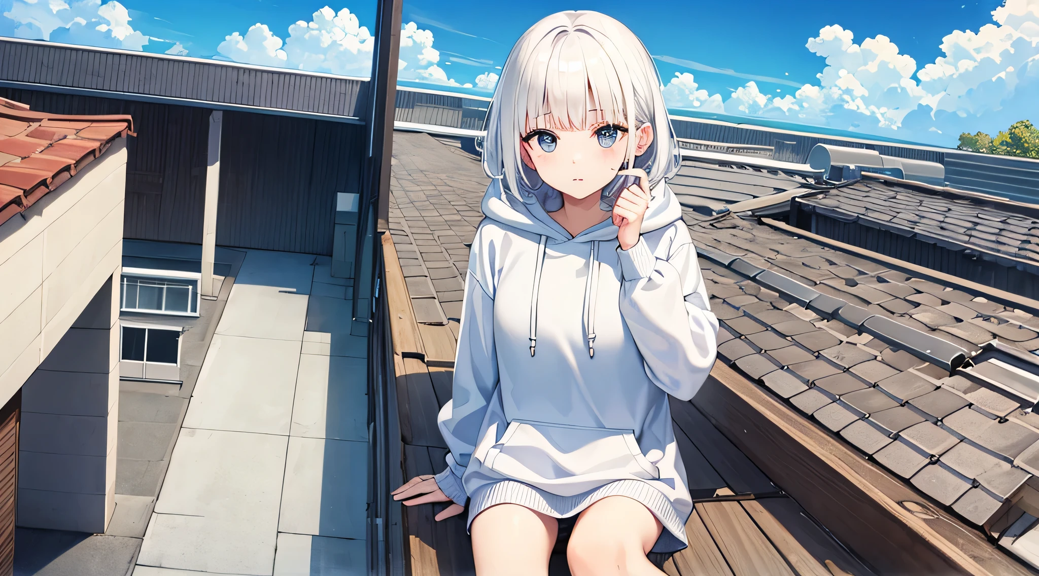 top-quality、Super delicate face、Crisp face、Sit on the edge of the roof of the building、wearing hoodies、Woman with white hair、Near future、during daytime、Focus on the face