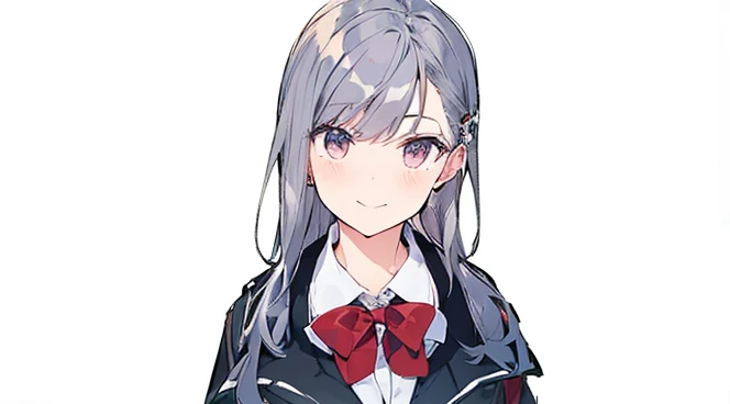 ((a closeup)),(School Uniforms:1.4),, Five Fingers,a beauty girl,((Silvery hair))、(((((silver eye))))、Long hair、Red ribbons、Cute smile