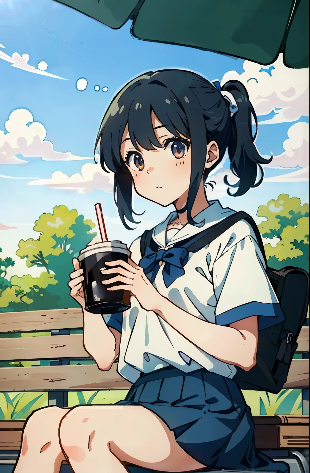 animemanga girl sitting on a bench with a cup of coffee, cute animemanga girl, Anime style illustration, soda theme girl, Beautiful anime high school girl, A surreal schoolgirl, animemanga girl, young animemanga girl, beautiful animemanga girl, animemanga girl drinks energy drink, Anime style 4k, Digital anime illustration, retro animemanga girl, Anime visuals of a cute girl