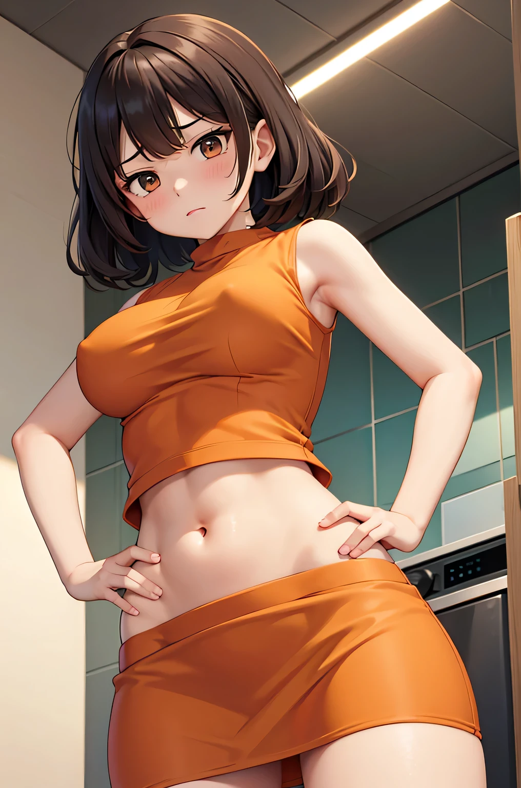 perm hair,1 girl, solo, medium breasts, tummy, orange top, dudou, sleeveless,, kitchen, brown skirt, pencil skirt, blush, annoyed, looking down, big bellybutton, abs, hands on hips, large navel,