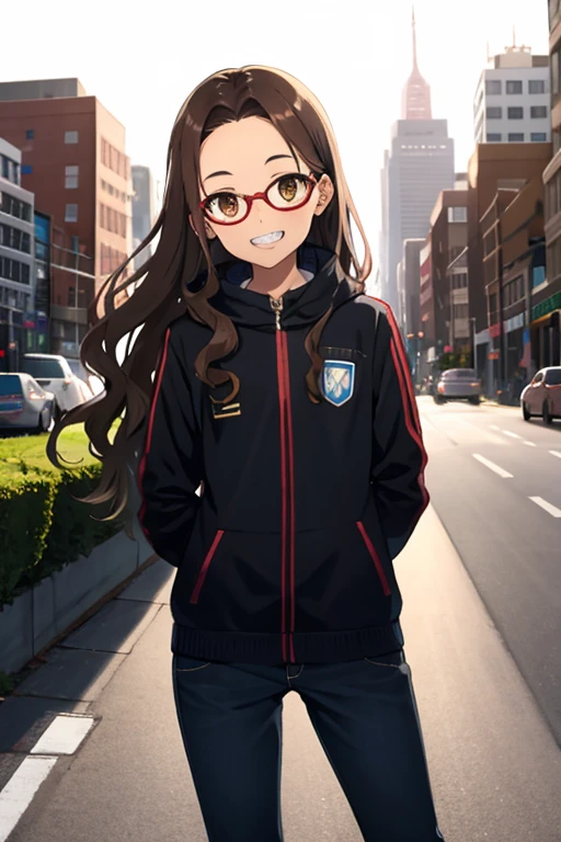 one tall girl, long wavy hair, brown hair, dark brown eyes, glasses, forehead, small breasts, (happy smile),(clenched teeth),(hands behind back),( standing),city, outside, pov from front, looking at viewer,solo focus