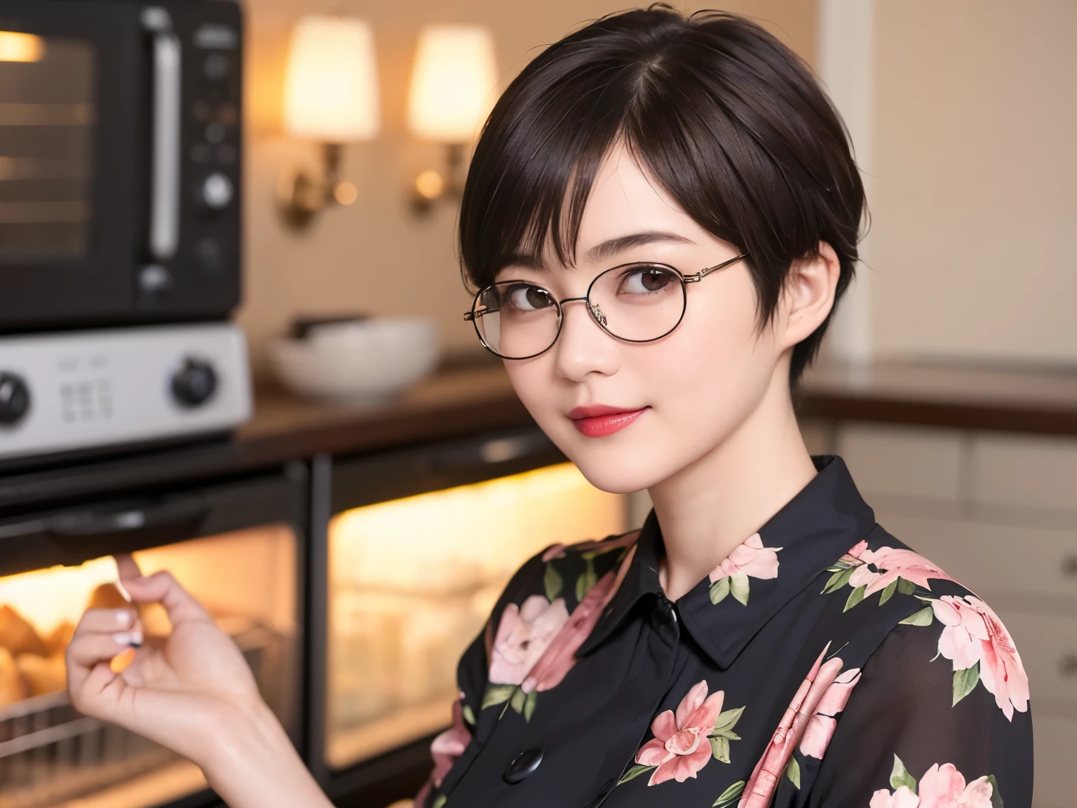 137
(a 20 yo woman, Bread), (A hyper-realistic), (high-level image quality), ((beautiful hairstyle 46)), ((short-hair:1.46)), (Gentle smile), (breasted:1.46), (lipsticks), (wears glasses,wide,kitchin), (florals), (there is an oven)