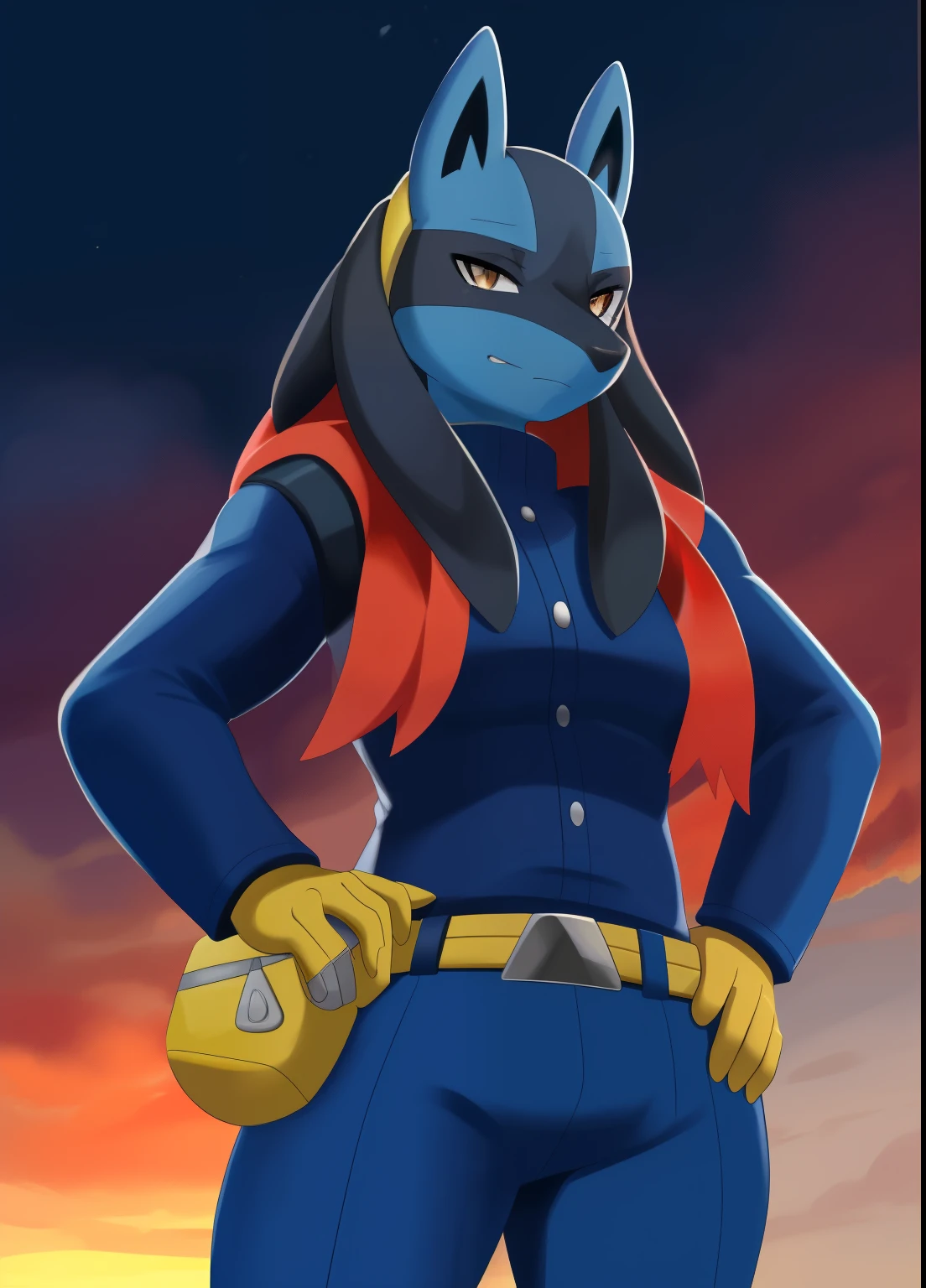 Delete area, replace with rextura of the blue part of the leg. (masterpiece, best quality:1.2), solo, 1girl, pokemoncarmine, shaded face, expressionless, looking at viewer, hand on hip, mole under eye, hairband, blue jacket, long sleeves, red gloves, pants, belt, Lucario