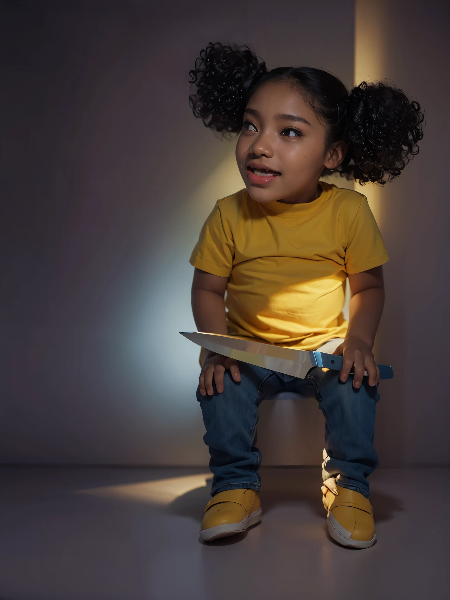 afro American girl, yellow t shirt, blue jeans. curly hair, rim light, realistic. high resolution, dark background, holding knife