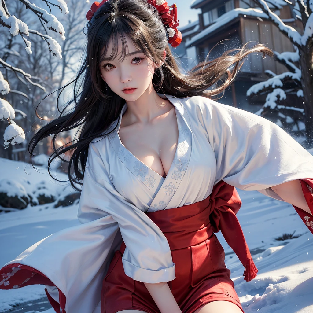 28-year-old beauty,(mature pretty woman:1.3),(s fractal art:1.3)(Good lighting:1.1),((A high resolution)),Clothes without sleeves,Black ponytail,obi strip,pelvis curtain,cloths,Beautuful Women,upperbody closeup,A plump chest,Bigchest,Lewdness,Prostitutes,low chest,huge tit, gigantic cleavage breasts: 1.2,snow landscape,Heavy snowfall,Wear less,Less fabric,,Bust,The upper part of the body,mai shiranui,Bust,A half body,ice mountain,Ice water,ice river,chilly