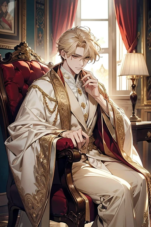 there are two Red chairs in a room with a fireplace, Red velvet furniture, Victorian setting, ornate furniture, sitting in fancy chair, Glamorous and elegant, parlor, Elegant and glamorous, Victorian style, Red interior, Fine details. Red, In a dusty Victorian house, Old chair, comfy chairs, Old furniture, Interior of a Victorian house, rich Red colors、1 male, messy blonde hair with bangs, Gold Eyes、Tall、190cm、manly、handsome man、Beautiful shape、Best style、Close-up of a costumed person with a cloak, Delicate prince, golden-white , gold and white cloak, beautiful androgynous prince, ((wearing aristocrat robe)), Gold and white robesring fantasy formal clothing, royal elegant pose, ornately dressed、