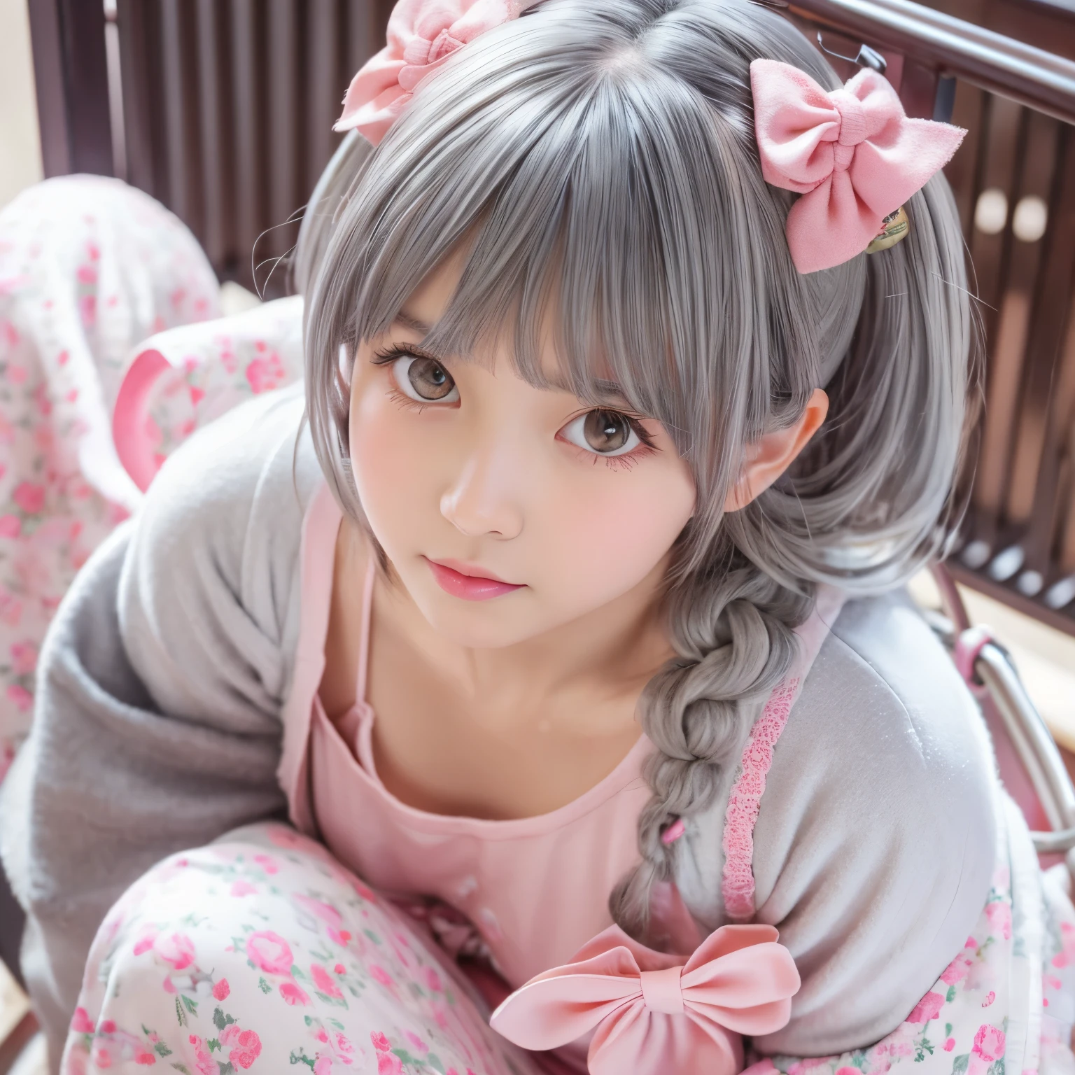 masutepiece, Best Quality, super detailed, Illustration, Beautiful detailed eyes, close up, girl with. I have gray hair, pink bows, White pajamas. Squatting on the ground、Chrumming through the clothes basket