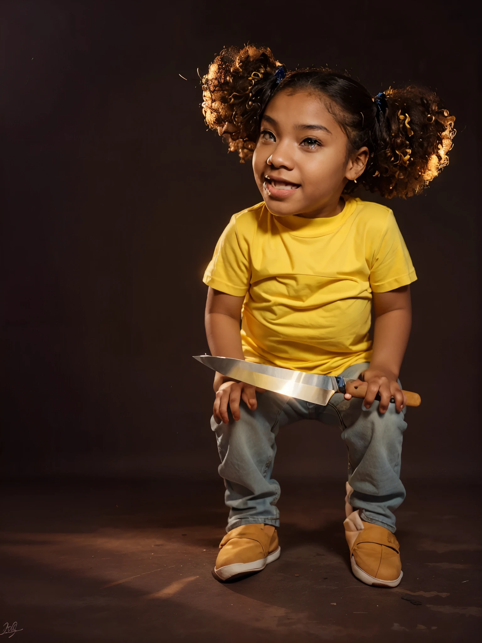 afro American girl, yellow t shirt, blue jeans. curly hair, rim light, realistic. high resolution, dark background, holding knife