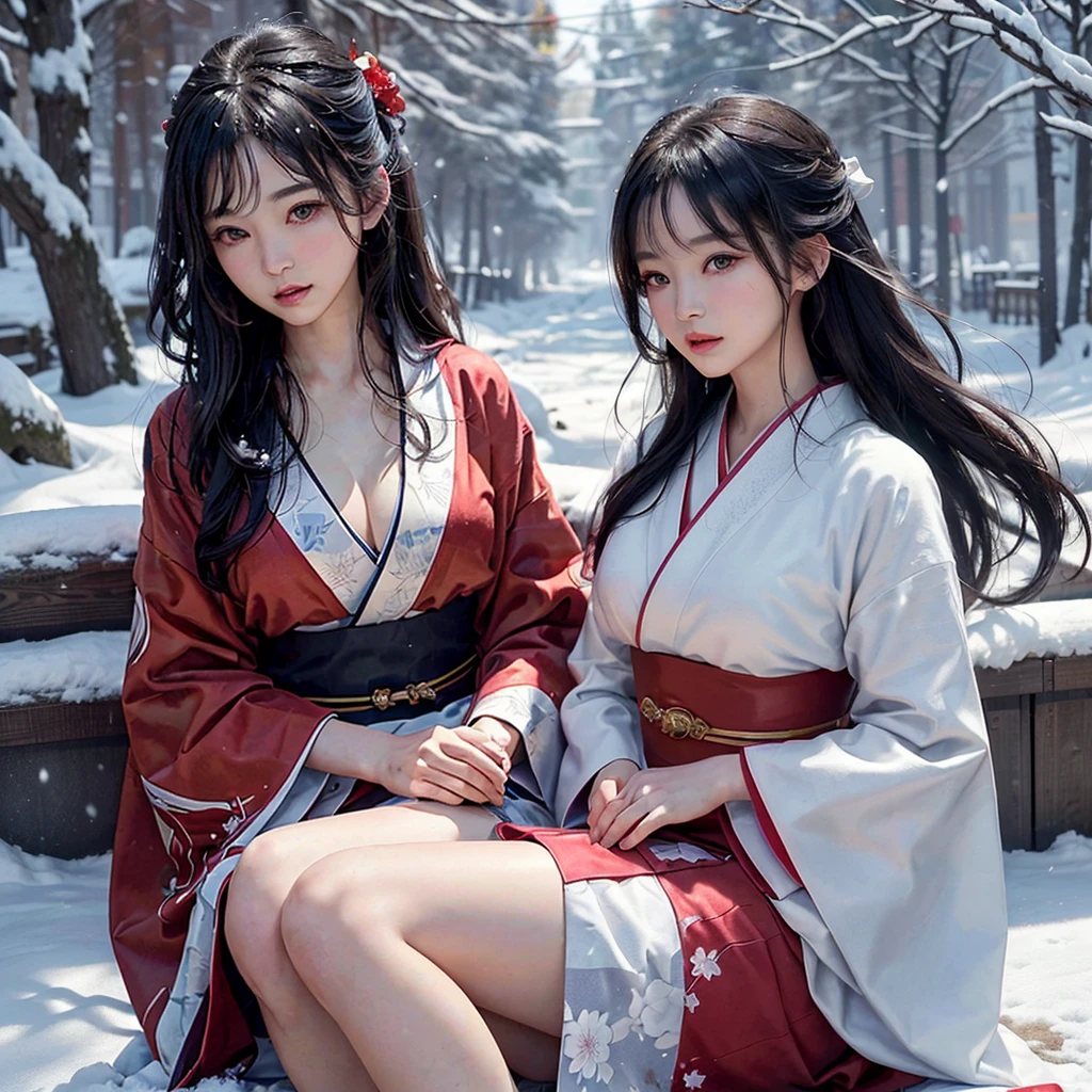 masterpiece, best quality, realistic, 8k, official art, cinematic light, ultra high res, 1girl, day, sunlight, light on face, huge breast, sexy, cleavage, (white hanfu), (Winter hanfu:1.2), (cloak:1.2), (snow:1.3),(upper body), open V chest, 
 French twist, jewelry ,necklace , Appalachian, nsfw, ((realistic detailed)), make up, sexy face