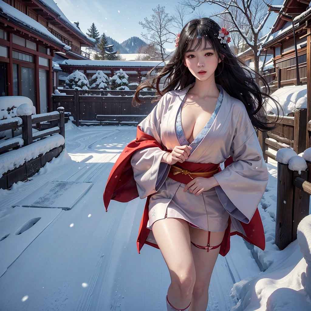 (Kimono)、(top-quality,​masterpiece:1.3,超A high resolution,),(ultra-detailliert,Caustics),(Photorealsitic:1.4,RAW shooting,)Ultra-realistic capture,A highly detailed,high-definition16Kfor human skin、 Natural skin texture、、The skin looks healthy with an even tone、 Use natural light and color,One Woman,japanes,,kawaii,A dark-haired,Very big big、Middle hair,(depth of fields、chromatic abberation、、Wide range of lighting、Natural Shading、)、(Falling snow:1.2)、(Hair swaying in the wind:1.2)、(Snow reflects light:1.1)、Cleavage can be seen through the exposed kimono、Legs visible through exposed kimono（red garter belt）