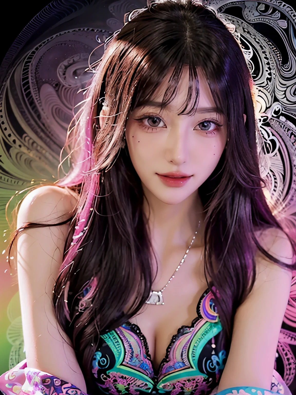 (masterpiece, top quality, best quality, official art, beautiful and aesthetic:1.2), (1girl:1.3), extremely detailed,(fractal art:1.2),colorful,highest detailed,( zentangle neon:1.2), (dynamic pose), (abstract background neon:1.5), (treditional dress:1.2), (shiny skin), (many colors:1.4), upper body ,Neon,16K,Full HD, cyberpunk, pink hair, floating hair novafrogstyle, beautiful detailed girl, detailed fingers, extremely detailed eyes and face, beautiful detailed nose, beautiful detailed eyes, long eyelashes, light on face, Aily, 1girl, solo, long hair, lips, jewelry, smirk
