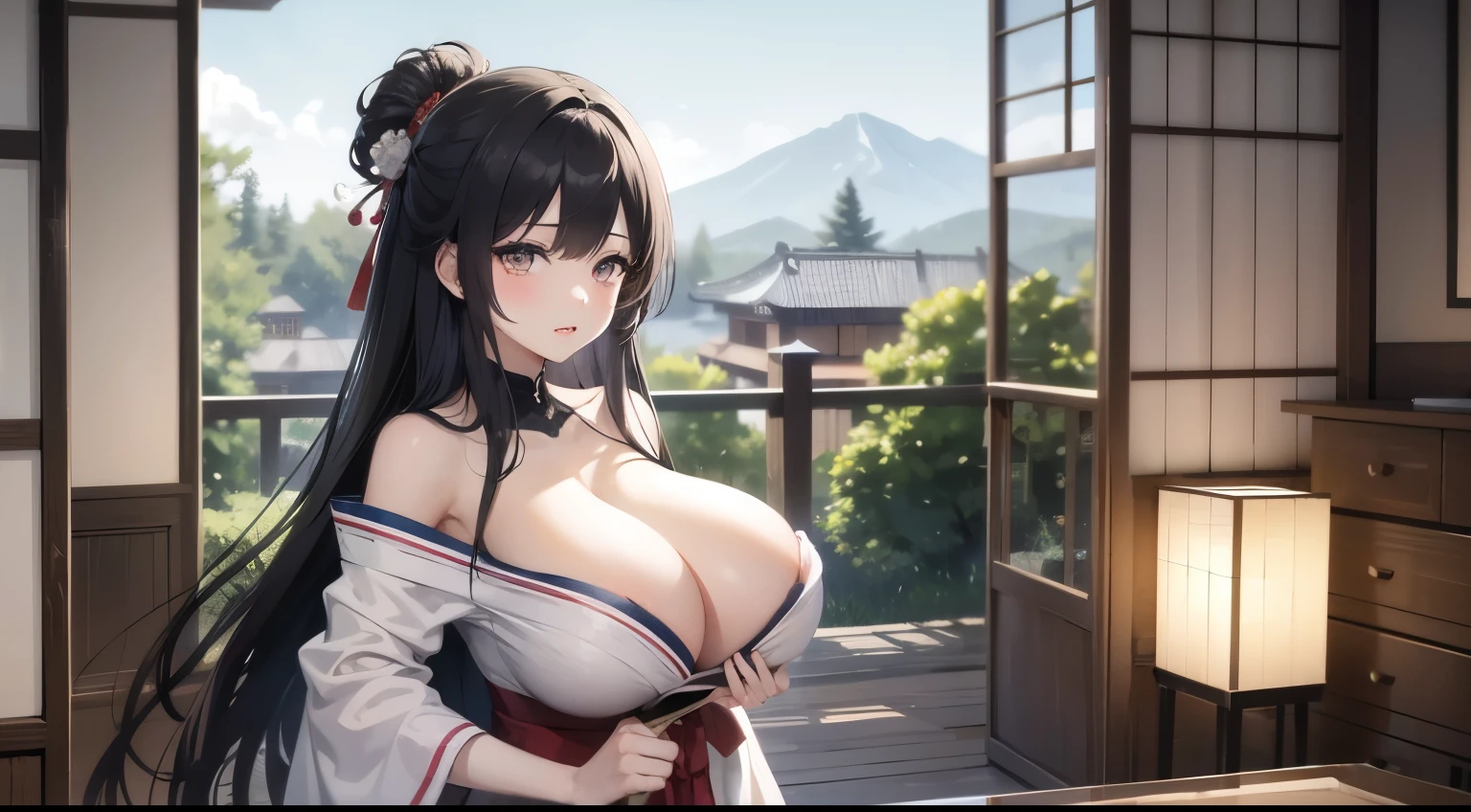 {huge breast}, {{{masterpiece, best quality}}}, cute girl, long hair, bare shoulder, japanese clothes