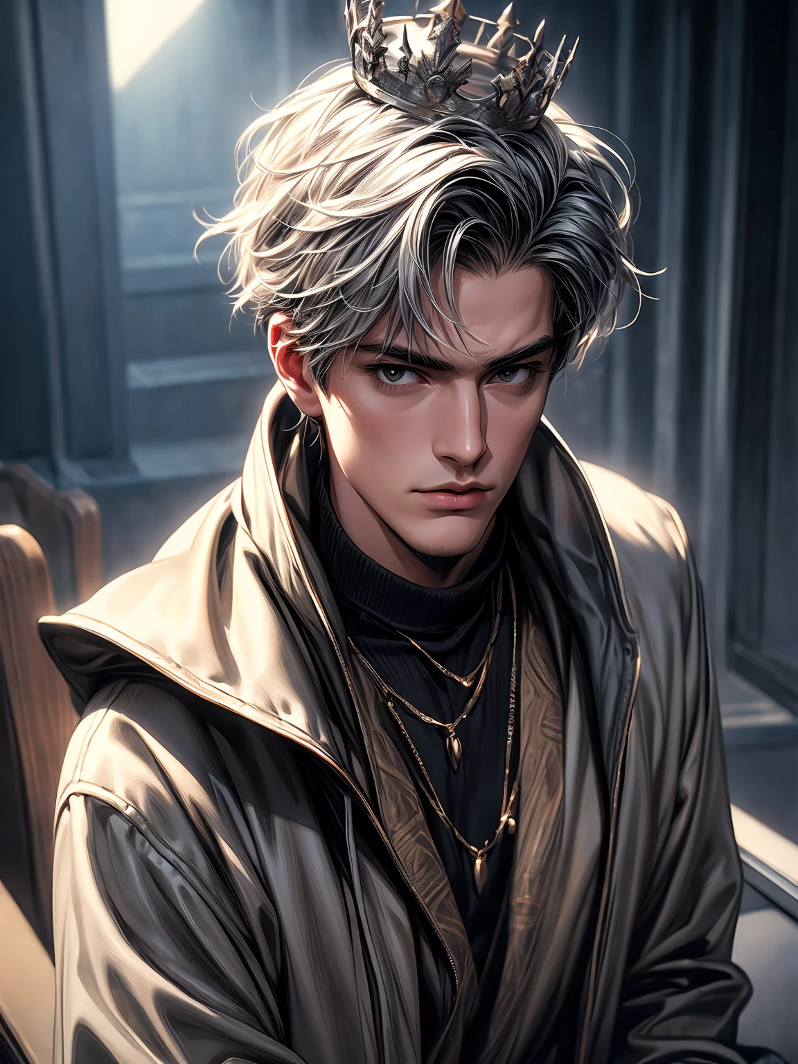 (a man holding a crown,quirky manga art,Eddie Campbell,Kris Knight,Alex Maleev),genderless,(black and silver accessories:1.1),subdued palette,bronzepunk,(best quality,4k,8k,highres,masterpiece:1.2),ultra-detailed,(realistic,photorealistic,photo-realistic:1.37)