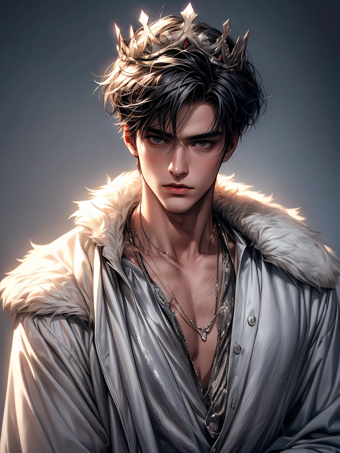 (a man holding a crown,quirky manga art,Eddie Campbell,Kris Knight,Alex Maleev),genderless,(black and silver accessories:1.1),subdued palette,bronzepunk,(best quality,4k,8k,highres,masterpiece:1.2),ultra-detailed,(realistic,photorealistic,photo-realistic:1.37)
