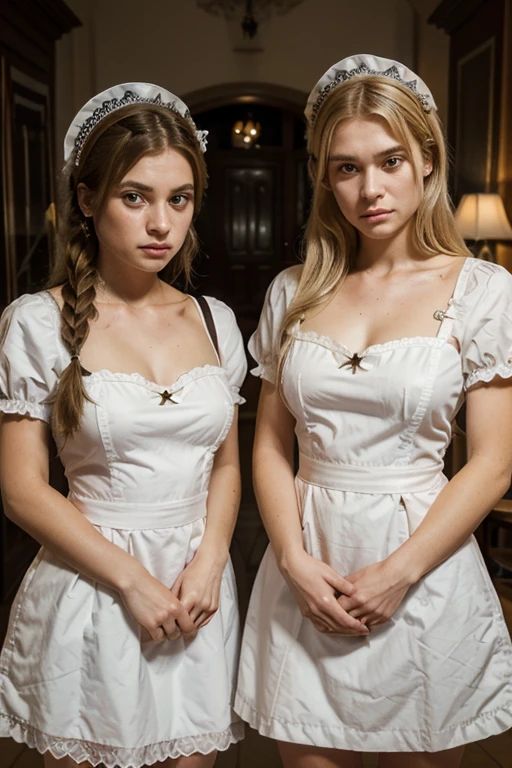 photo of 2 european sad maids, 1blond,1brown, 2girls with maid outfit, terror in their eyes
