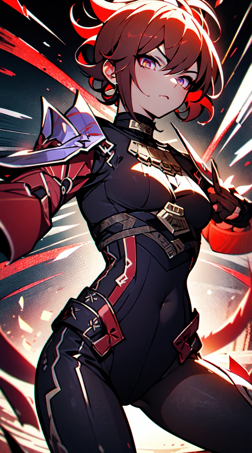 Ultra definition, masterpiece, best quality, 1Girl, Experienced fighter, crimson red short hair, yellow eyes, light brown skin, wearing jacket and light armor red and black metallic Like kuki shinobu outfit, combat stance, fists with black and purple blazes, sharp ocular posture, waist line.