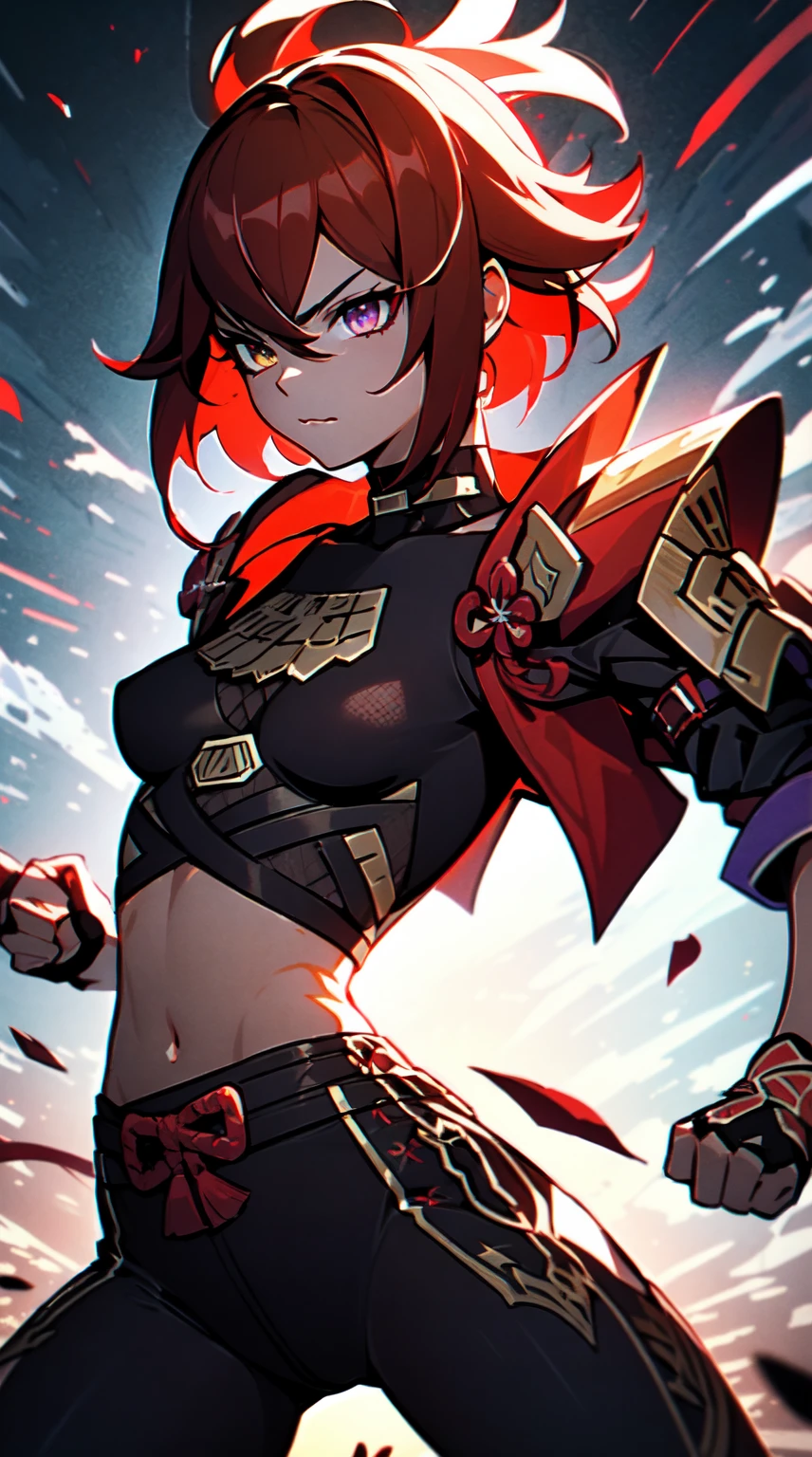 Ultra definition, masterpiece, best quality, 1Girl, Experienced fighter, crimson red short hair, yellow eyes, light brown skin, wearing jacket and light armor red and black metallic Like kuki shinobu outfit, combat stance, fists with black and purple blazes, sharp ocular posture, waist line.