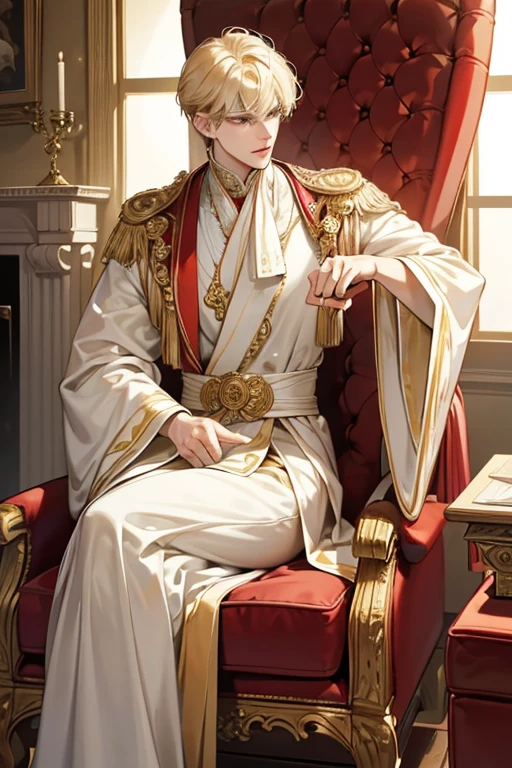 There are two red chair in a room with a fireplace, Red velvet furniture, Victorian setting, ornate furniture, sitting in fancy chair, Glamorous and elegant, parlor, Elegant and glamorous, Victorian style, Red interior, Fine details.Red, In a dusty Victorian house, Old chair, comfy chairs, Old furniture, Interior of a Victorian house, rich Red colors、1 male, messy blonde hair with bangs, Gold Eyes、Tall、190cm、manly、handsome man、Beautiful shape、Best style、Close-up of a costumed person with a cloak, Delicate prince, golden-white robes, gold and white cloak, Beautiful prince, ((wearing aristocrat robe)), Gold and white robes, wearing fantasy formal clothing, royal elegant pose, ornately dressed、Cross your legs、