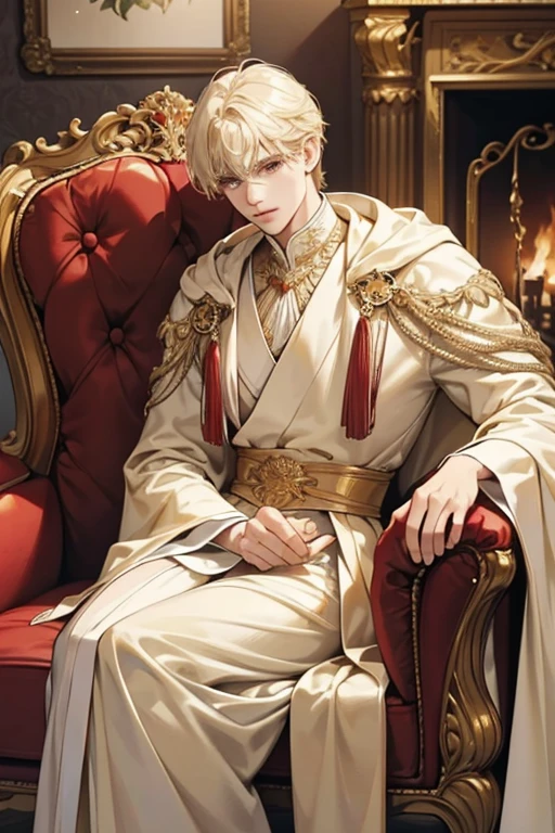 There are two red chair in a room with a fireplace, Red velvet furniture, Victorian setting, ornate furniture, sitting in fancy chair, Glamorous and elegant, parlor, Elegant and glamorous, Victorian style, Red interior, Fine details.Red, In a dusty Victorian house, Old chair, comfy chairs, Old furniture, Interior of a Victorian house, rich Red colors、1 male, messy blonde hair with bangs, Gold Eyes、Tall、190cm、manly、handsome man、Beautiful shape、Best style、Close-up of a costumed person with a cloak, Delicate prince, golden-white robes, gold and white cloak, Beautiful prince, ((wearing aristocrat robe)), Gold and white robes, wearing fantasy formal clothing, royal elegant pose, ornately dressed、Cross your legs、