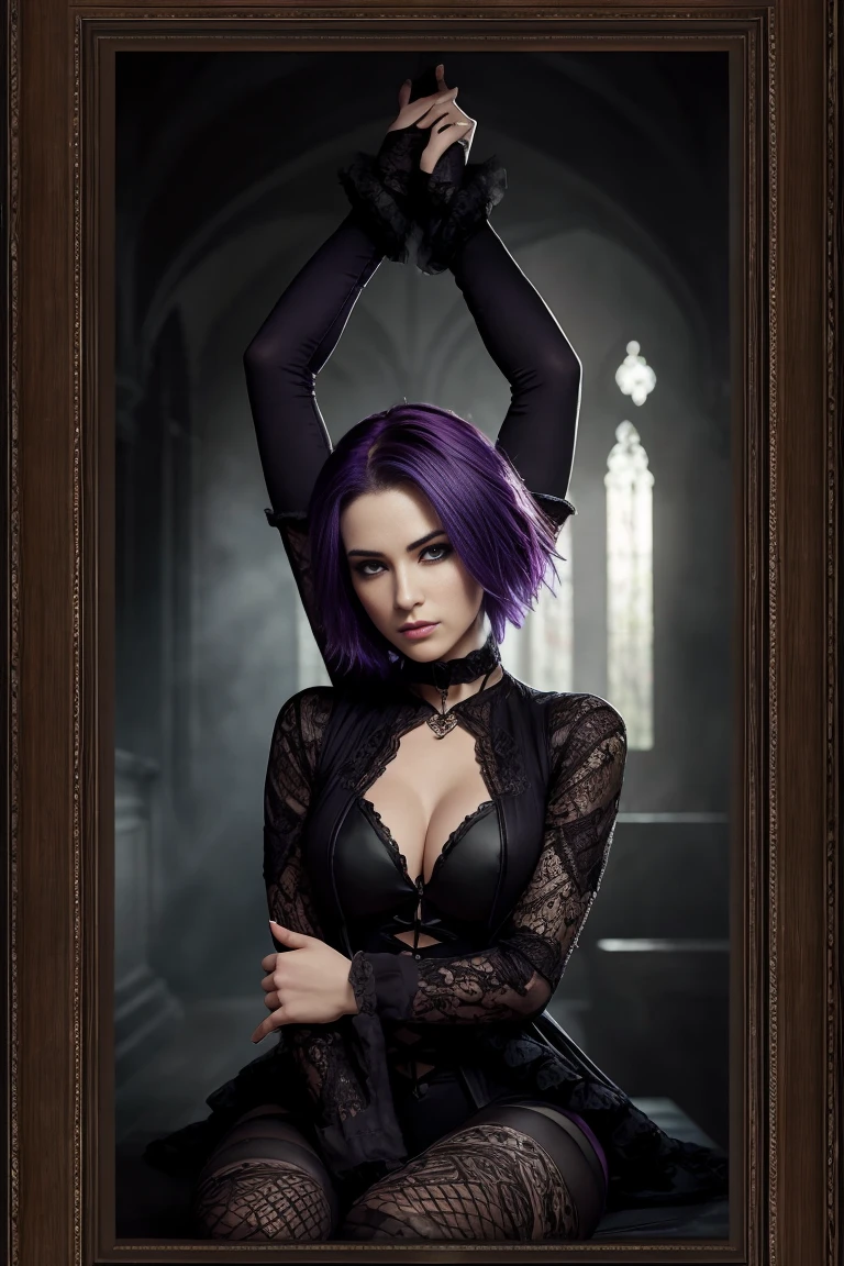 Pin up style witch, (work of art), best qualityer, extremely detaild, forest background an abandoned gloomy house, Delicate and gorgeous, portraite, (from low),(1  witch:1.4), (alone:1.2), breasts big, halter neckline Lace lingerie with black and dark purple details:1.3), sample shoulder, (super short skirt:1.2), bared shoulders, (below the chest), gorgeous eyes, (disheveled hair ), fot, over shoulder shot, proffesional, Spitz, Studio quality