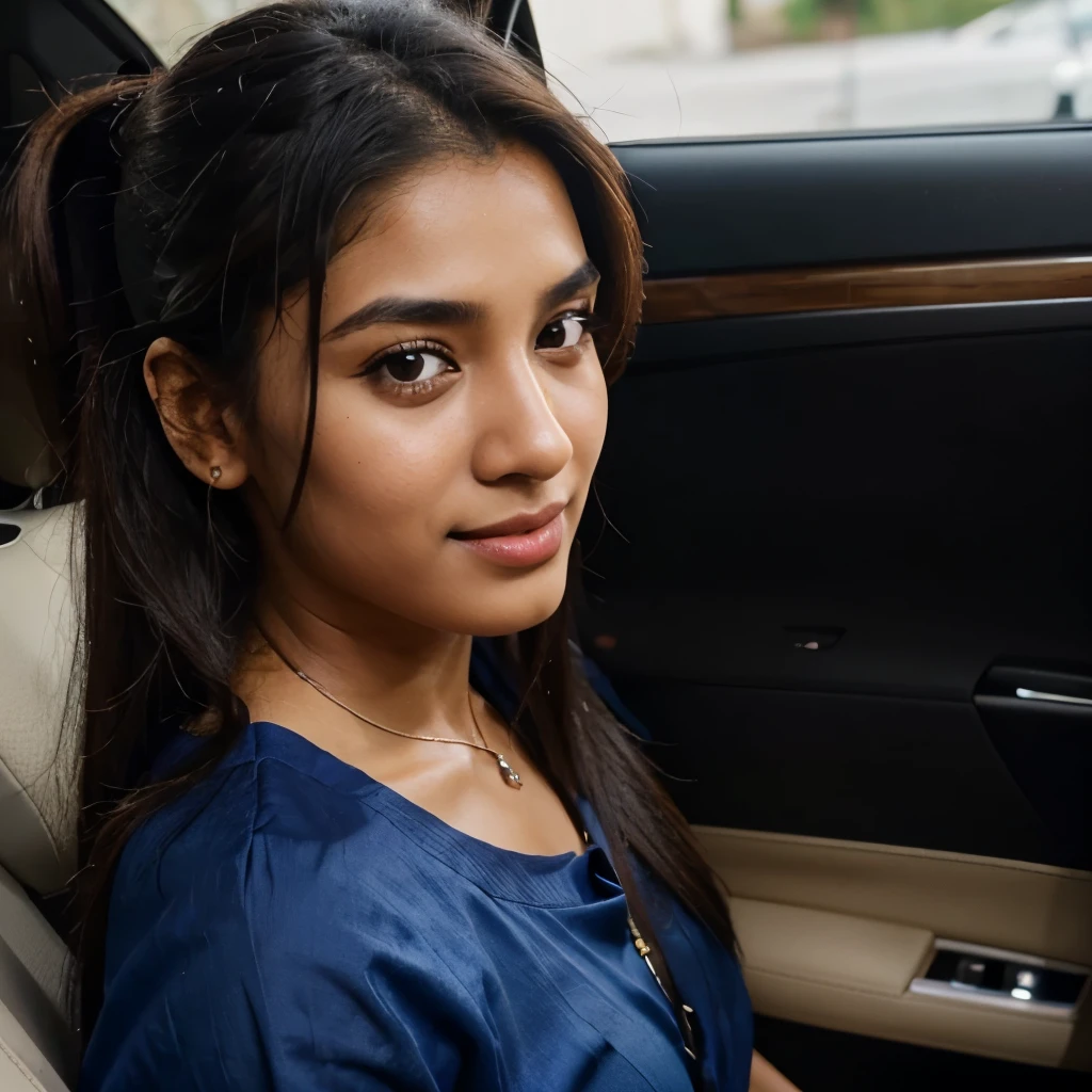((self-taken close up photo)), natural colors, ((selfie photo)), of a 22-year-old Sri Lankan woman named Kasuni, (dark long ponytail hair), dark fair skin, black eyes, feminine features, iPhone, mobile quality, mobile focus, tack smooth, Instagram filter, TikTok filter, detailed face, detailed eyes, oiled skin, profile picture, smiling, ((sitting inside a car)), ((blue dress, ladies jewelry)), natural lighting.