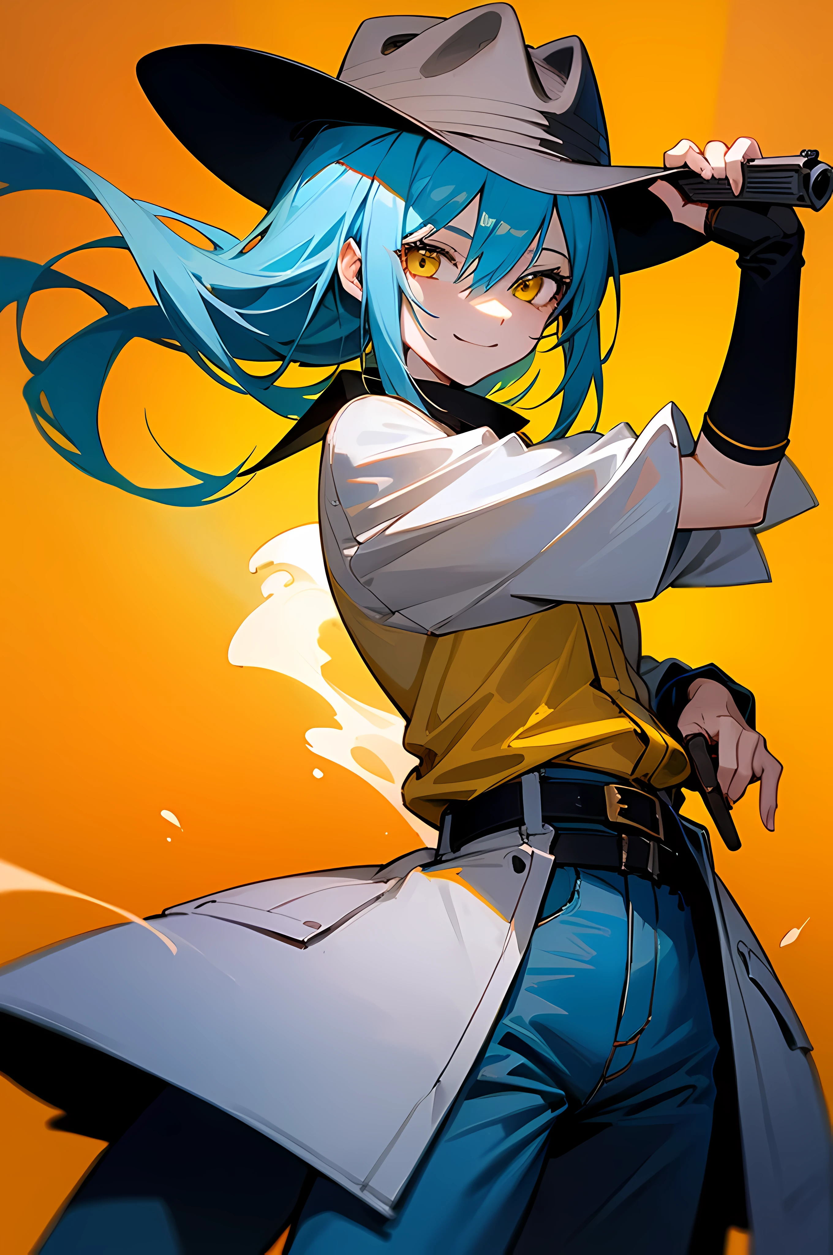 (8K Ultra High-Quality) (Masterpieces) (Image) (人物: Rimuru) 1 Girl, Yellow eyes colors, wearing Cowboy shirt, wearing Jean, smoking, right hand holding Revolver, wearing Cowboy hat, background in farm, smile looking at viewer,