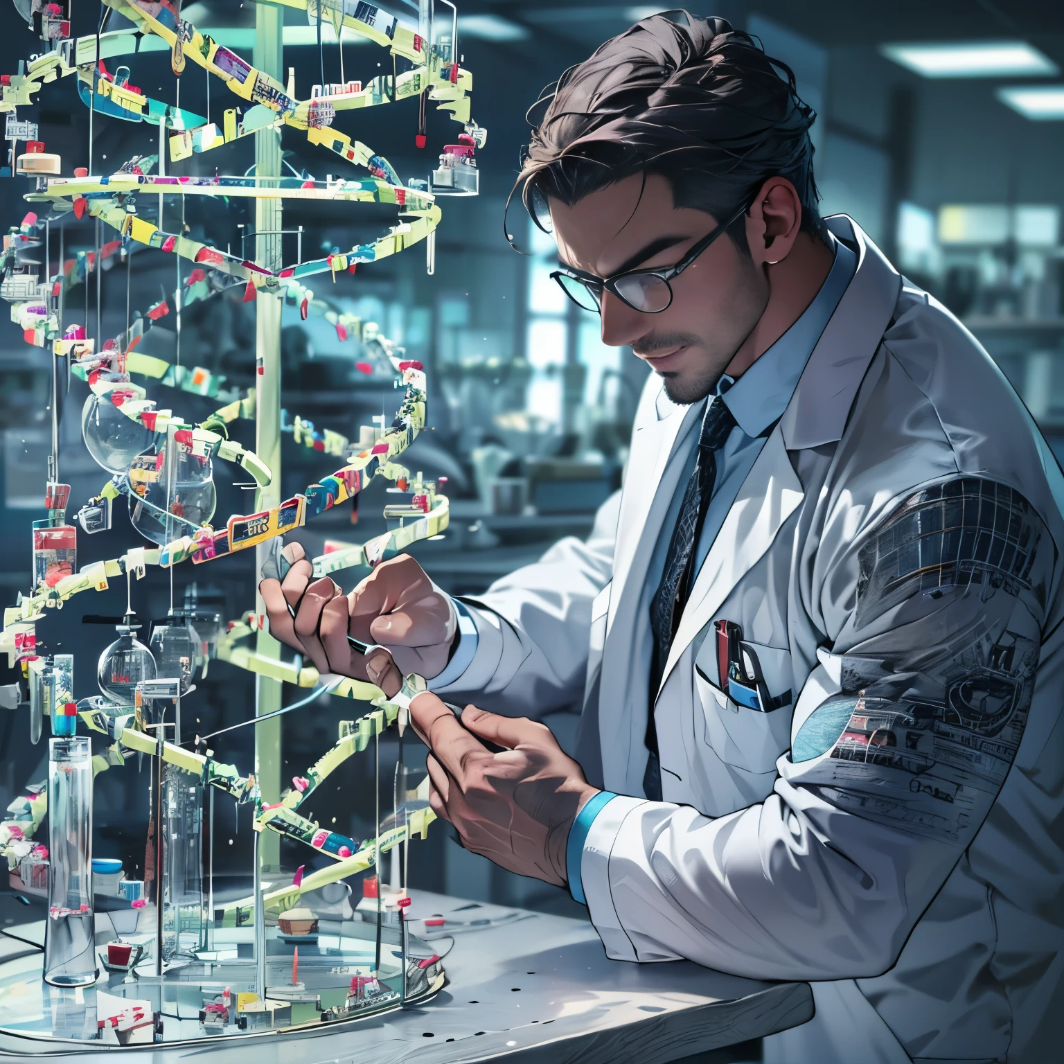 handsome scientist in a revealing lab coat, muscular, examining a DNA helix model, futuristic lab setting, focused, nice skin, big bulge, big muscles