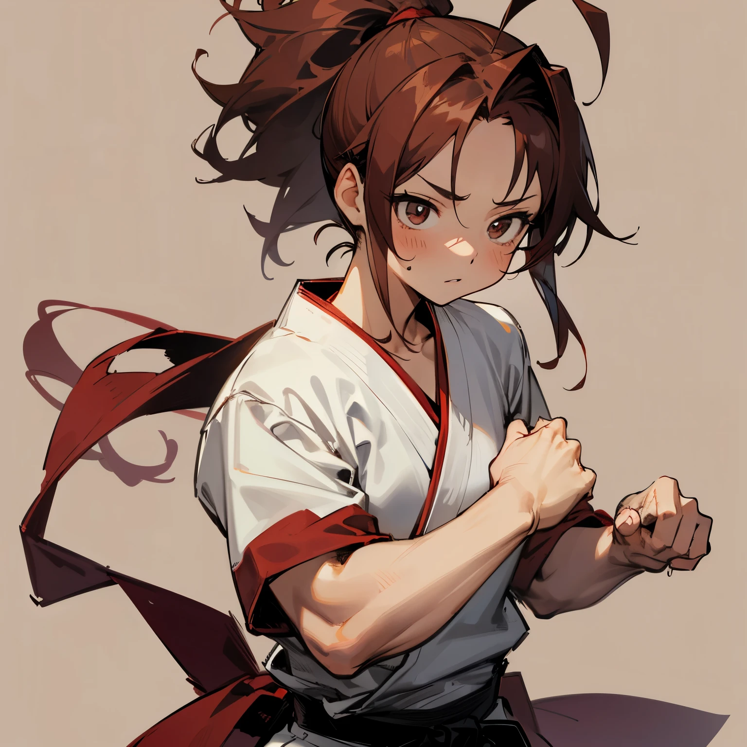 muscular, Brownish Crimson Hair , Messy Hair , Child Female , Karate Gi , Small Dojo Background , Hair pulled back into a high ponytail
