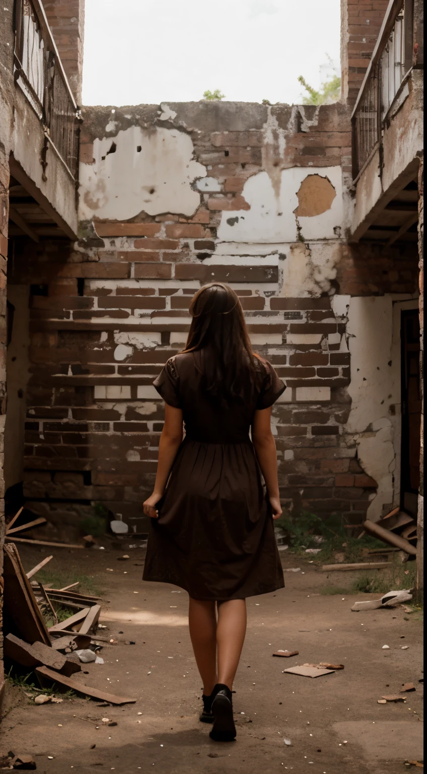 Woman dress in Mexico abandoned brick house looking at viewer