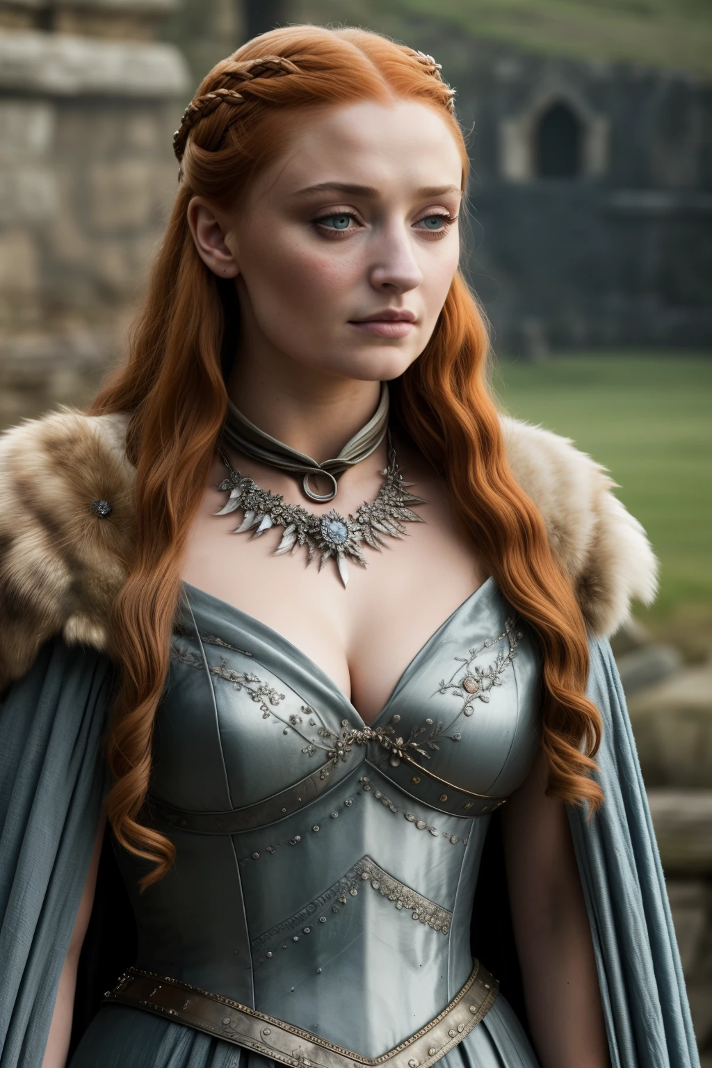 Masterpiece,De facto Lady of the Eyrie, queen of the north,Best quality, Mediaeval sexy costumes, game of the thrones like costume, a close up of a woman of mediaeval times, sansa stark, sansa, looks like sophie turner, sophie turner, scene from game of thrones, deep cleavage, warrior princess, healthy body, perfect thick body, attractive figure, fleshy body, style of game of thrones,gorgeous lady,gorgeous woman, stunning woman, still from game of thrones, game of thrones style, 8k, insane details, dress made of clothes and jewelry, round shaped face,