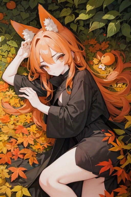 An orange haired man with orange eyes and fox ears is laying on a ground of leaves in a black cloak