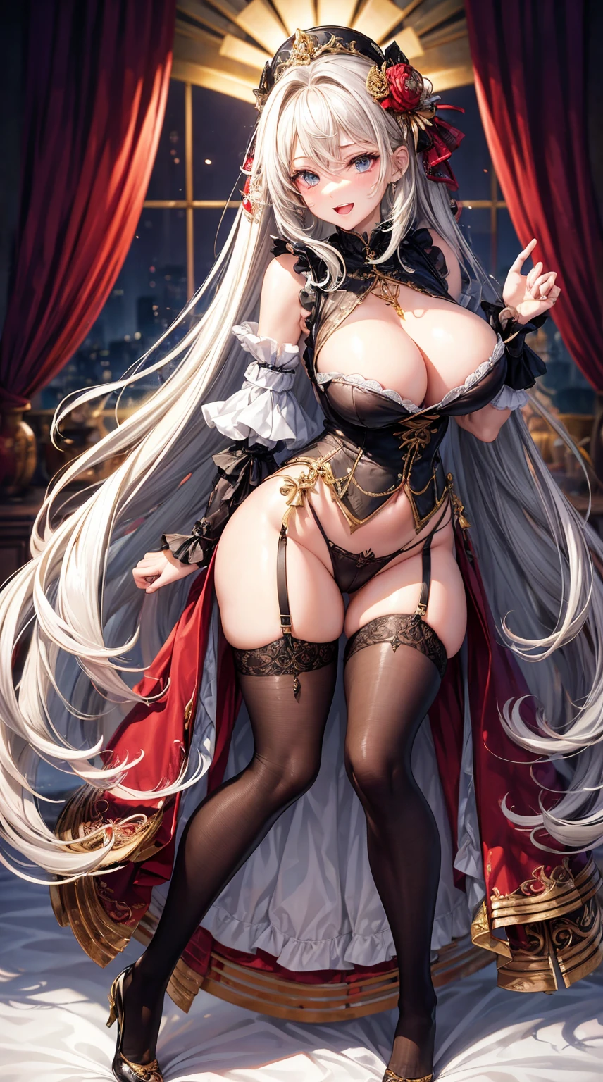 (tmasterpiece, quality, Best quality at best, offcial art, Beautiful and beautiful:1.2)long whitr hair，hair messy，hair adornments，Headbands，Refined face，Full body lace，Leaky stomach，plumw，The waist is very thin，Thigh fleshy，super Big huge tits，suspender stockings，sexyposture，Out-of-control expression，The details were perfect，Idiotic laughter