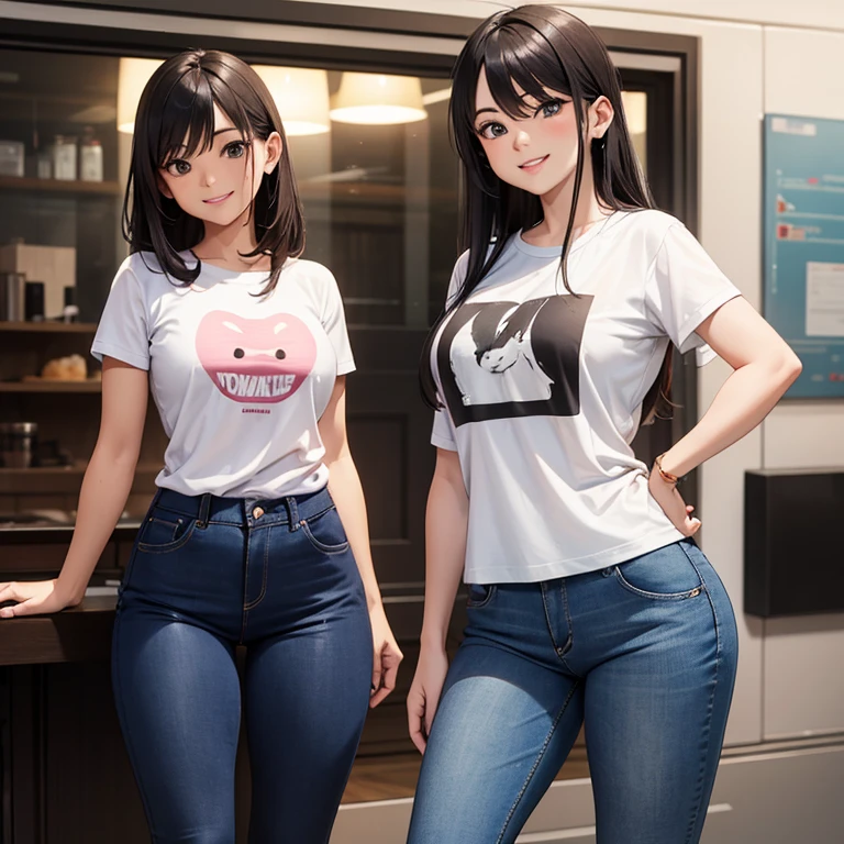 A 35 years old women wearing v t-shirt tight and jeans pant, smiling face looking at viewer