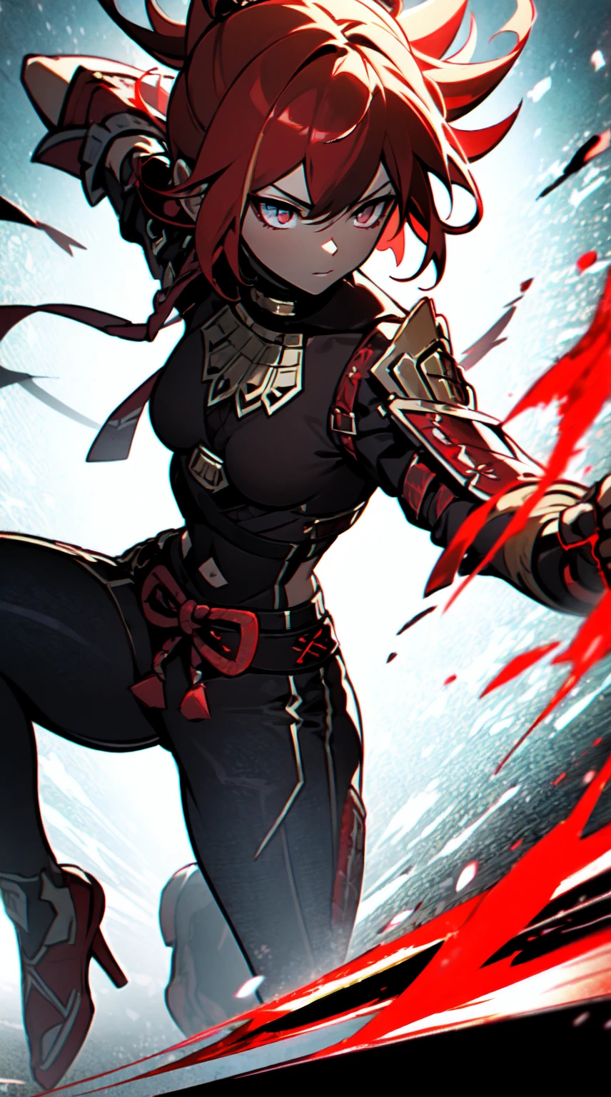 Ultra definition, masterpiece, best quality, 1Girl, Experienced fighter, crimson red short hair, yellow eyes, light brown skin, wearing jacket and light armor red and black metallic Like kuki shinobu outfit, combat stance, Red and black energy emanating from the fists , sharp ocular posture, waist line.