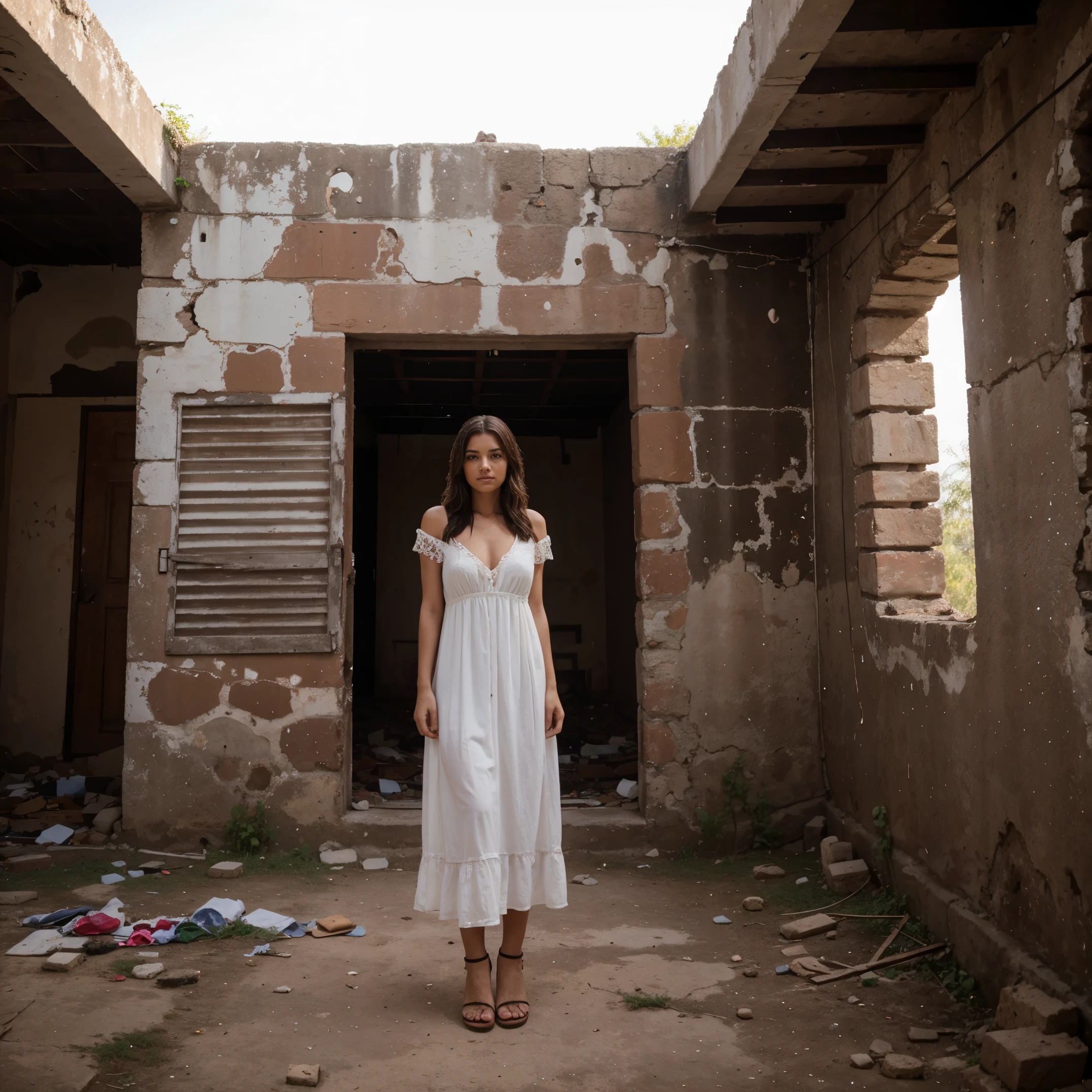 Woman dress in Mexico abandoned brick house looking at viewer