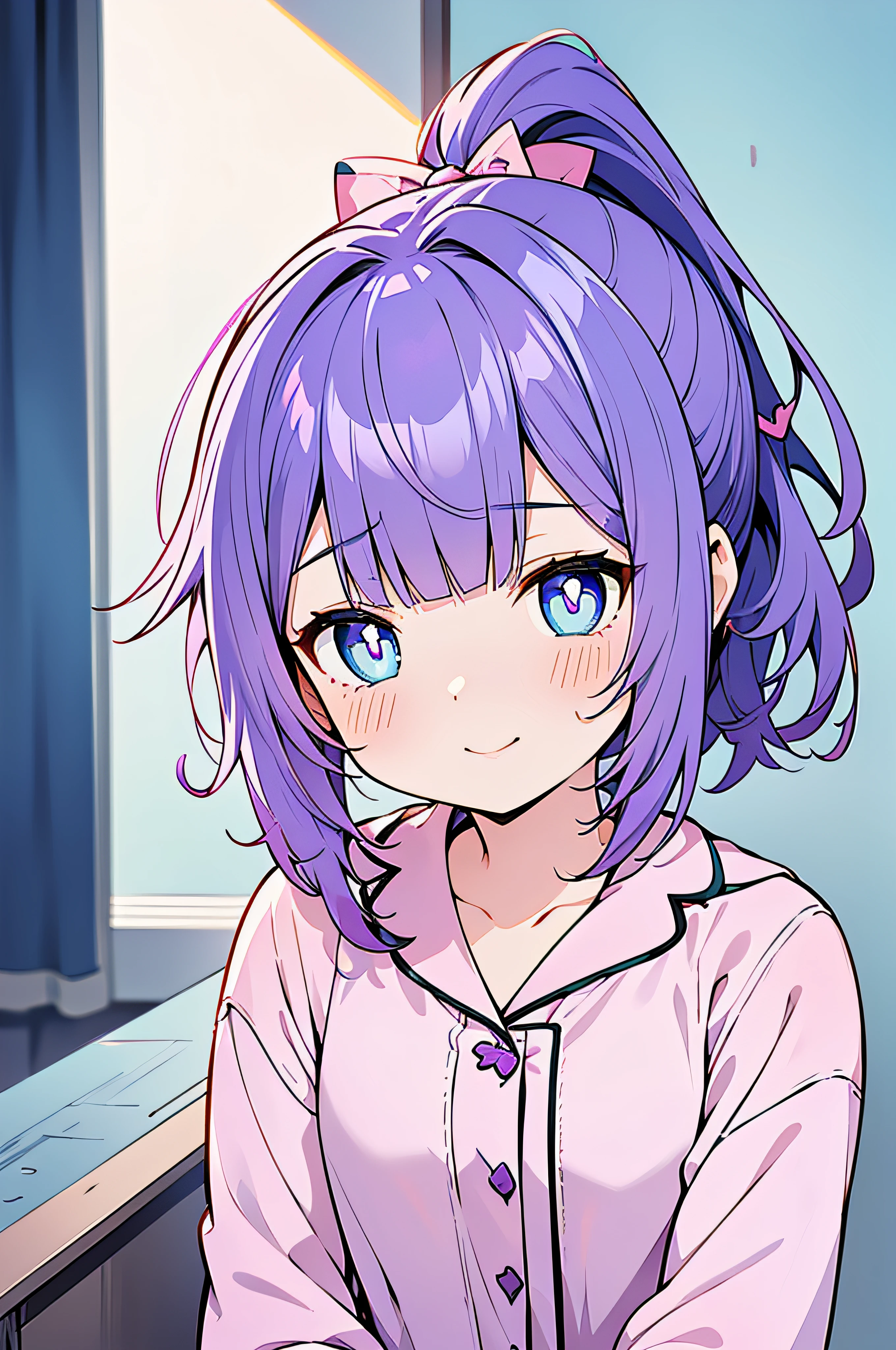 ((((Purple colored hair,Pink pajamas)))),((aqua Blue pupil,hair pin,blue bow on ponytail)),(((bluntbangs,high ponytails,short detailed hair,)))1个Giant Breast Girl, Full body photo,Permanent,(The sun is dazzling,god light,Ray traching),Perfect big watery eyes, character  design,((Blue pupil)),cute anime face, kawaii , stylized anime,Little idol, Anime cute art style, 详细的脸,8K,k hd,little shy smile,Blushing with joy,Neat face, (tmasterpiece,Best quality at best)