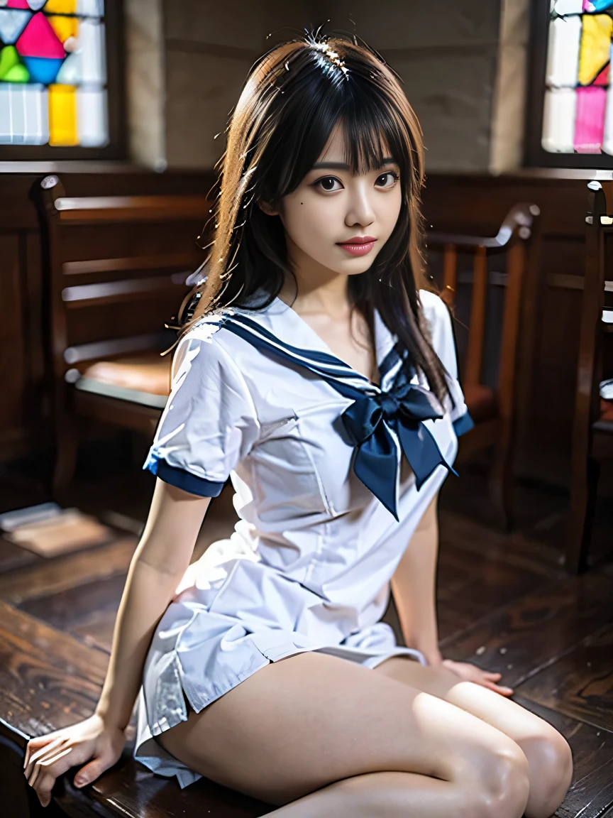 (((Draw only one woman: 2))), Beautiful 18 year old Japan woman, (A high school girl wearing a sailor uniform with short sleeves and a ribbon: 1.5), (Japan strict girls' school sailor uniform), ((Body-fitting sailor suit:1.5)), ((Big breasts in uniform&#39;It&#39;s going to explode:1.5)), ( High school girl sitting in the church pew: 1.2), (Beautiful and elaborate stained glass on the background: 1.5), ((1screen)), in 8K, RAW shot, top quality photo, masutepiece, Amazing realism photos, (lighting like a movie:1.5), ((Anatomically correct proportions: 1.5)), ((perfectly proportions)), (Cute woman like an idol in Japan:1.5), Detailed face, Detailed eyes, Narrow Nose, Detailed skin, (Beautiful long hair: 1.5), (Transparent bangs:1.5), {{facial close-up:1.5}}, (ssmile:1.2), (Angle from the side)