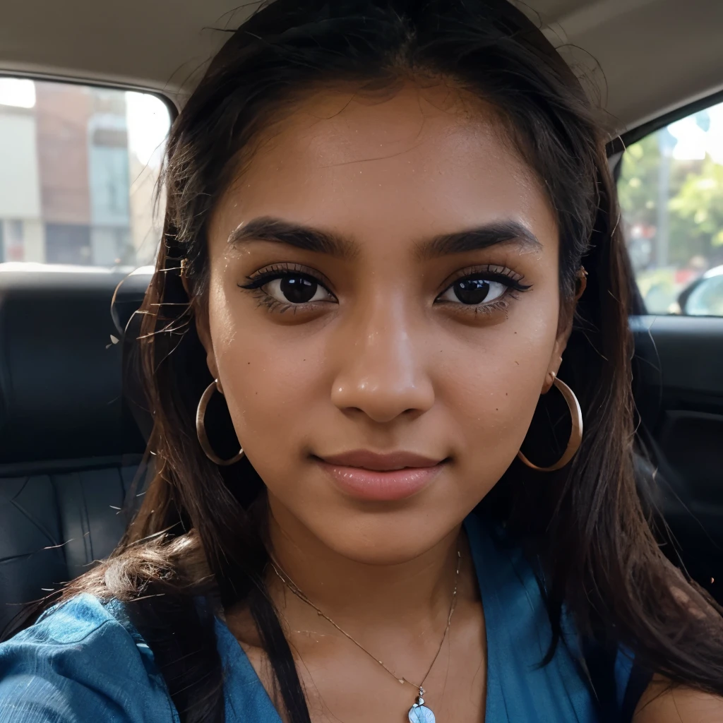 ((self-taken close up photo)), natural colors, ((selfie photo)), of a 22-year-old Sri Lankan woman named Kasuni, (dark long ponytail hair), dark fair skin, black eyes, feminine features, iPhone, mobile quality, mobile focus, tack smooth, Instagram filter, TikTok filter, detailed face, detailed eyes, oiled skin, profile picture, smiling, ((sitting inside a car)), ((blue dress, ladies jewelry)), natural lighting.