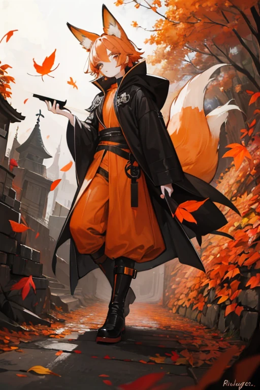 An orange haired man with orange eyes and fox ears is walking through a pile of leaves in a black cloak
