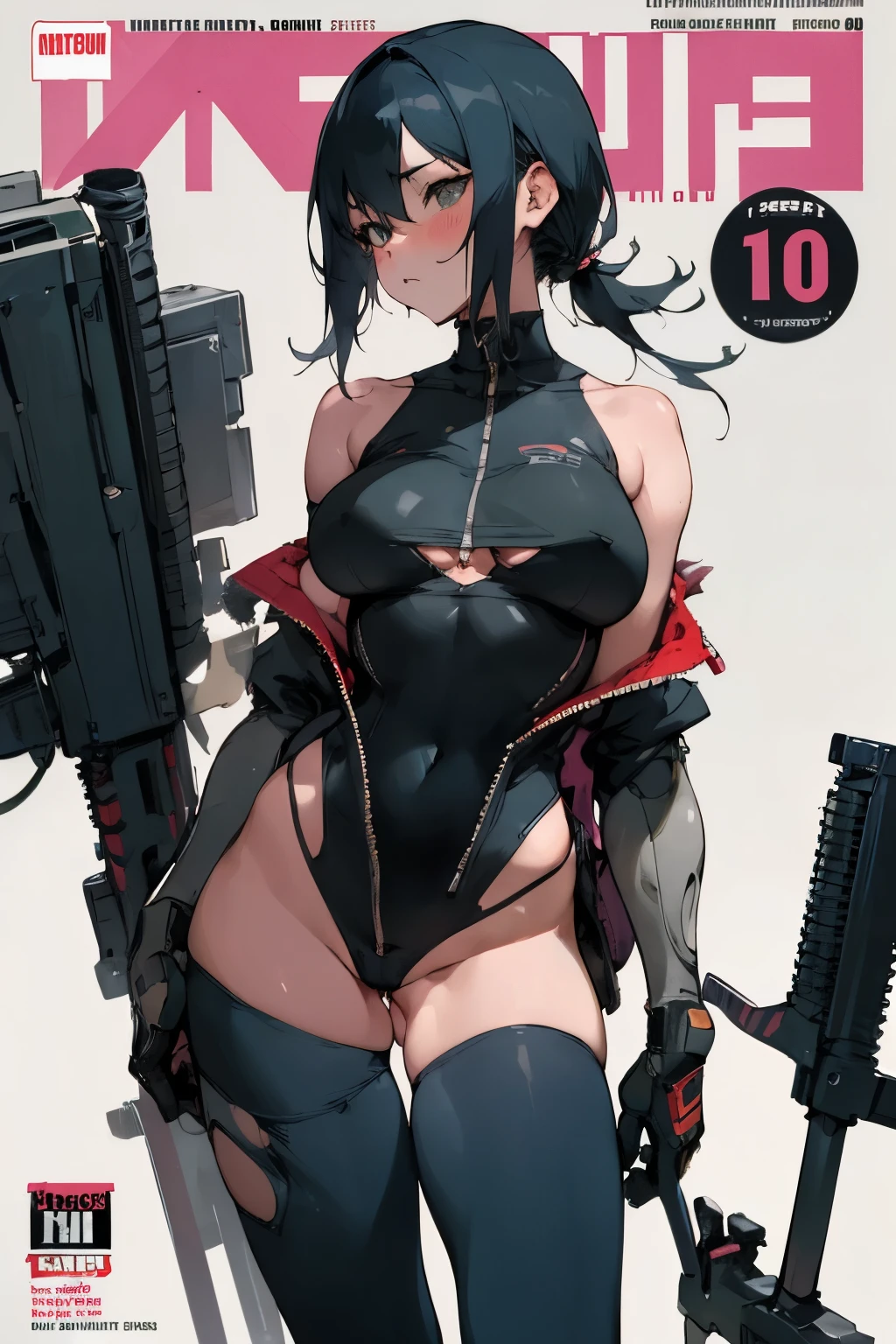 character sheet , sexy paddock girls ,{{{{{ badly torn leotard}}}}} ,{{{{{ ultra-thin fabric leotard}}}}} , wield a very large motorcycle weapon and trying to undress , shooting from the front, , bare belly button, bare shoulder, ,off shoulder, underboob, ultra-thin pants, full breasts, {{{large breasts}}}, {{{{{{ comic magazine}}}}}},unzipped, exoskeleton ,{{{{bare hip}}}}, backless, one futuristic robot, neonlight, comic cover art