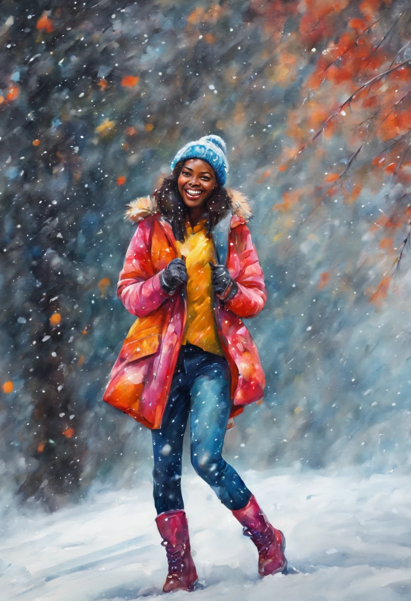 Ebony girl enjoying snowfall, colorful winter outfit stands out, energetic and lively scene.
Style by Gabriele Dell'otto, AI Midjourney, bright saturated colors, watercolor, oil paints,   HDR, 500px, 4k,