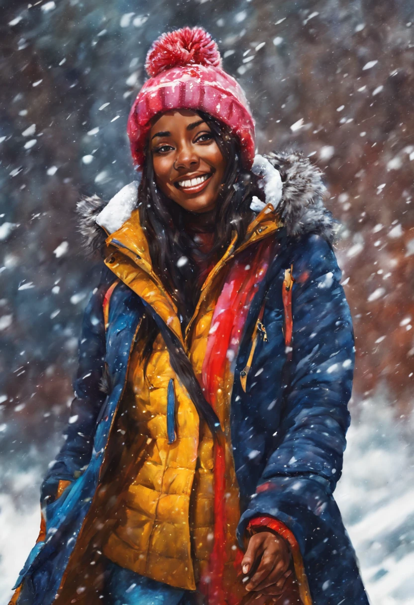Ebony girl enjoying snowfall, colorful winter outfit stands out, energetic and lively scene.
Style by Gabriele Dell'otto, AI Midjourney, bright saturated colors, watercolor, oil paints, HDR, 500px, 4k,