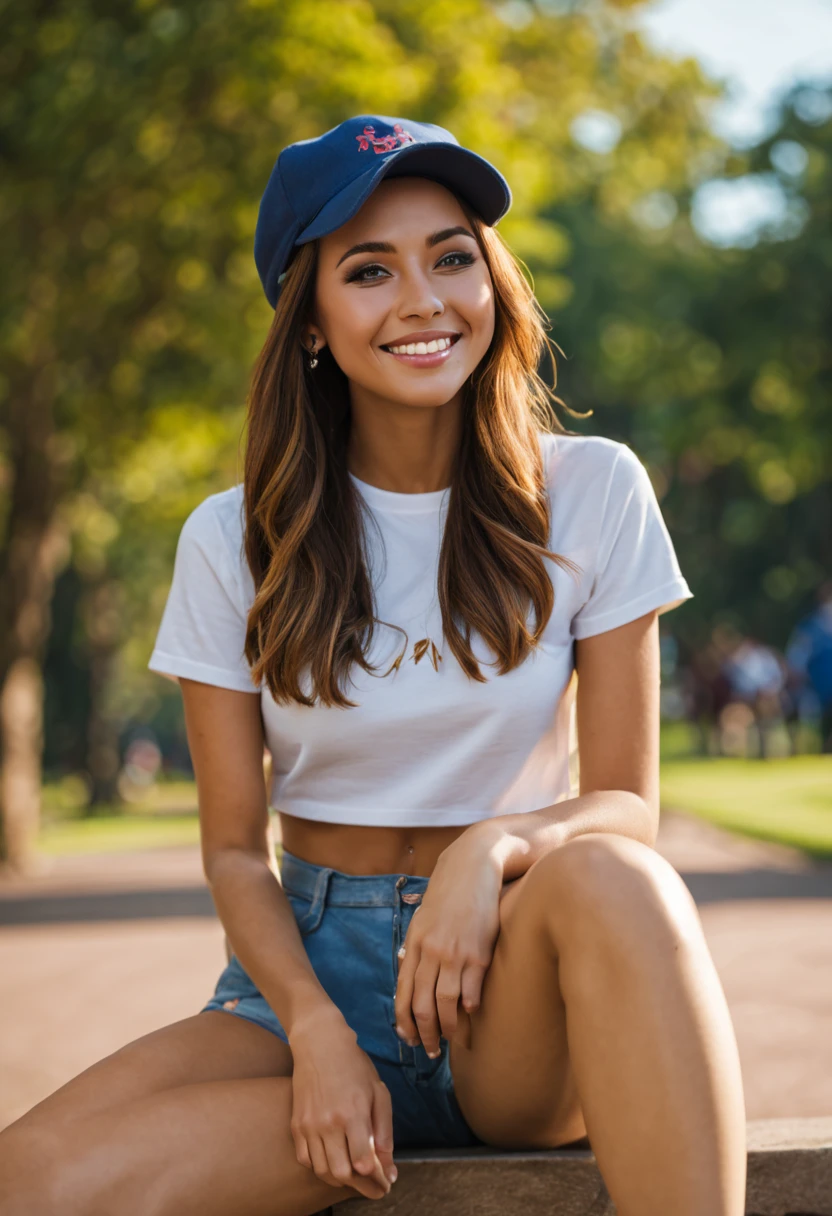 ((Best quality)), ((tmasterpiece)), (Detailed pubic hair), It's a perfect face, tee shirt, skintight jeans, wearing hat, Front view, Strong light coming from the left, Smiling, and makeup, middlebreast, at park, 8K, Wallpapers, chat with friends, ((Sydney)), sitting on a bench