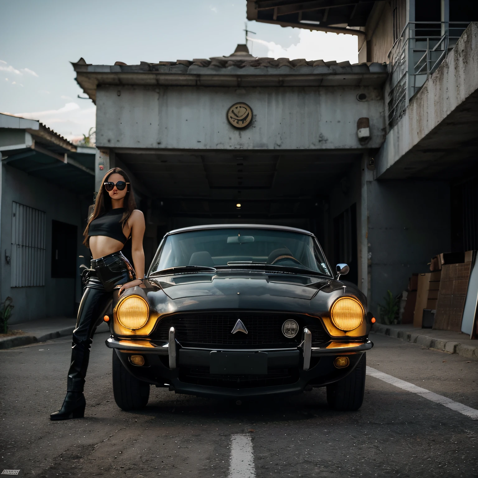 image of a musang fastback 1969 convertible shiny polished black metal color dark black, estilo cyberpunk, cercado de luz neon colorida, girl driving, roda grossa, roda dourada, detalhes em dourado, Woman in sunglasses driving, neon na pintura do carro, pintura reflexiva que reflete tudo ao seu redor, farol detalhado, farol muito detalhado, as detailed as possible, hiper-realistic as realistic as possible, melhor qualidade, RAW, obra-prima, foto super fina, melhor qualidade, super high res, fotorrealista, luz solar, enquadrando o carro inteiro na foto, incrivelmente bonito,, dinamic pose, foto de lado, foto diagonal, pose dinamica