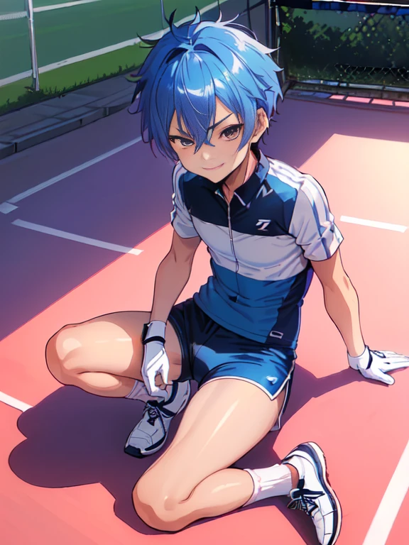 (((Official art,superfine illustration,hight resolution, masutepiece, best qualtiy,Best Quality,)))、 (A little boy),12 years old, A young tennis idol with a fearless face.,A boy who looks like the prince of tennis、 Standing, Cool handsome face with smile, White Tennis Shoes、 Long legs, thighs thighs thighs thighs, Foots, Bulge, (Blue-haired、)、 Short,spiky hair、Shiny hair, boy with sharp eyes, (Tight, shiny white tennis uniform、), (shiny tight soccer shorts), (Tennis Socks), tussock, Cool pose, (太いthighs thighs thighs thighs,Big buttocks),(((park tennis field)))、((cocky、))、Smirk、Spread legs,Ultra-fine painting, (Best Quality, 4K, 8K, hight resolution, masutepiece:1.2),(((Being aware of the sexual gaze of middle-aged gay men)))、Service Shots、Leather Long Gloves、Legband、