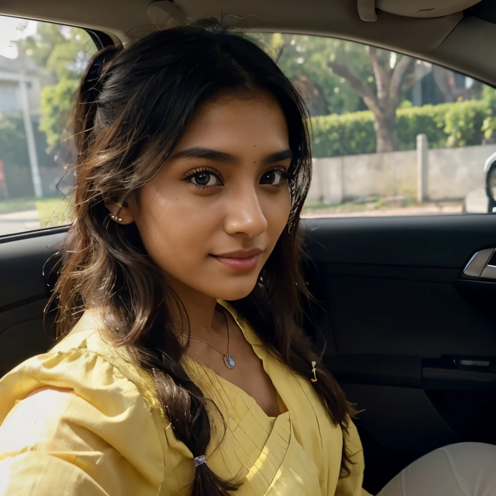 ((self-taken close up photo)), natural colors, ((selfie photo)), of a 22-year-old Sri Lankan woman named Kasuni, (dark long ponytail hair), dark fair skin, black eyes, feminine features, iPhone, mobile quality, mobile focus, tack smooth, Instagram filter, TikTok filter, detailed face, detailed eyes, oiled skin, profile picture, smiling, ((sitting inside a car)), ((yellow dress, ladies jewelry)), natural lighting.