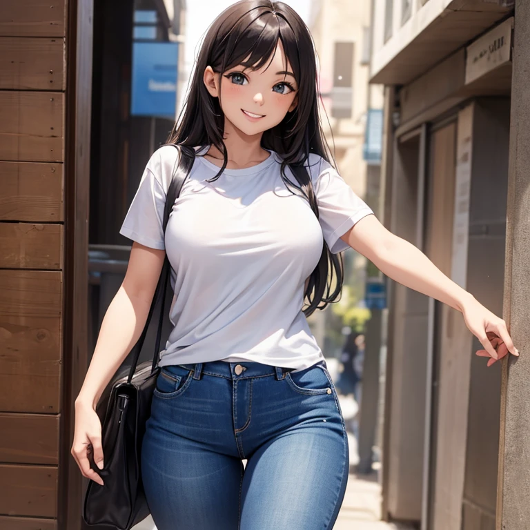 Girl with dark skin, starring at viewer flirtatious, braids, jet black hair, Box braids, black eyes, smiling, super tight jeans big hips, hands are detailed, perfect hands, white tube top , small breasts, white top, bare shoulders, big circle gold earrings, freckles, big lips, on a rooftop, nyc skyline in the background, blue skies big clouds