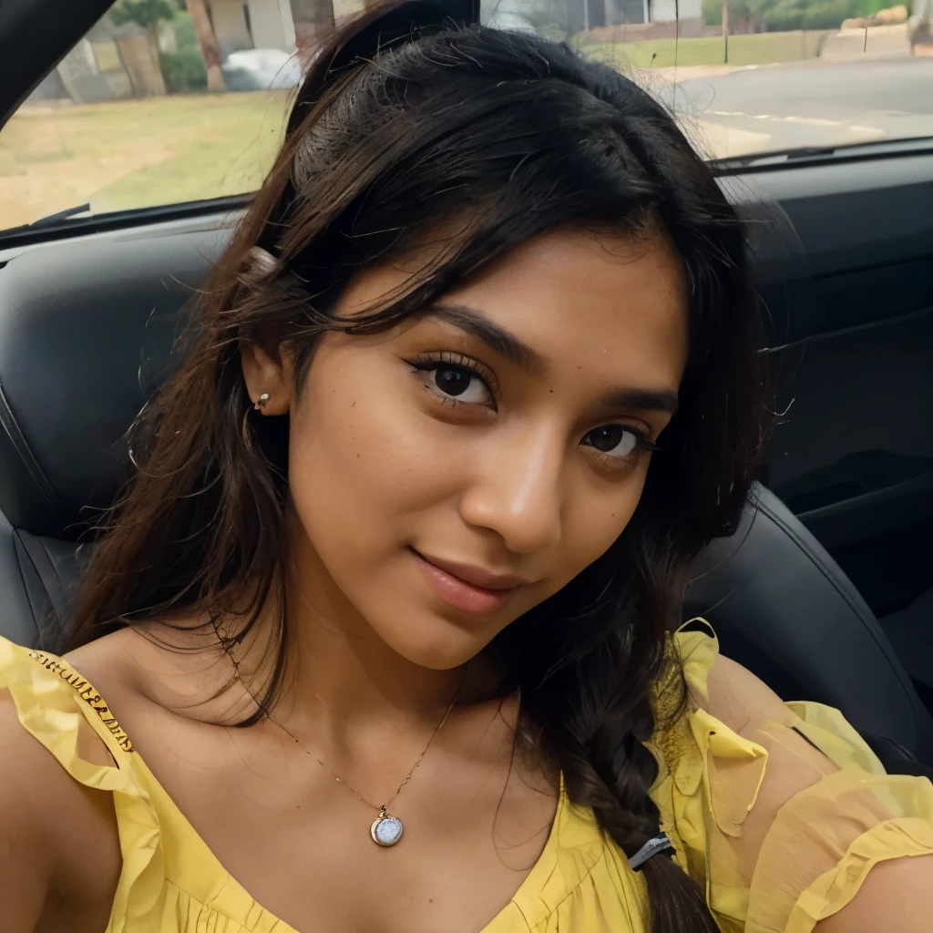((self-taken close up photo)), natural colors, ((selfie photo)), of a 22-year-old Sri Lankan woman named Kasuni, (dark long ponytail hair), dark fair skin, black eyes, feminine features, iPhone, mobile quality, mobile focus, tack smooth, Instagram filter, TikTok filter, detailed face, detailed eyes, oiled skin, profile picture, smiling, ((sitting inside a car)), ((yellow dress, ladies jewelry)), natural lighting.